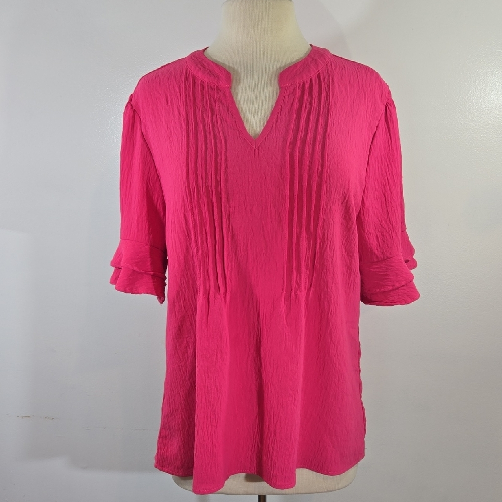 B Pin Tuck Pleat Ruffle Short Sleeve Pink Women's Top XLarge